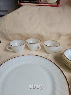 NIB GOLDEN SHELL DINNERWARE. Anchor Hocking White Gold Rim Swirl Pattern. 15 PC