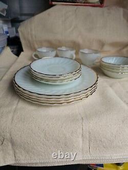 NIB GOLDEN SHELL DINNERWARE. Anchor Hocking White Gold Rim Swirl Pattern. 15 PC
