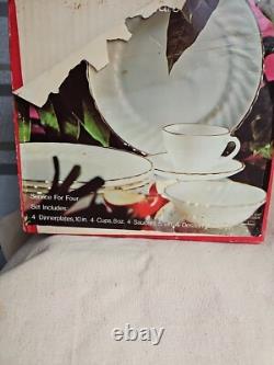 NIB GOLDEN SHELL DINNERWARE. Anchor Hocking White Gold Rim Swirl Pattern. 15 PC
