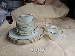 NIB GOLDEN SHELL DINNERWARE. Anchor Hocking White Gold Rim Swirl Pattern. 15 PC