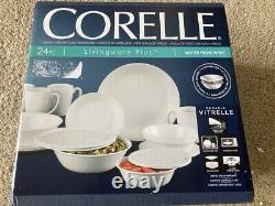 New Dinnerware Set Corelle Livingware 24 Pieces In Winter Frost White with 6x Lids