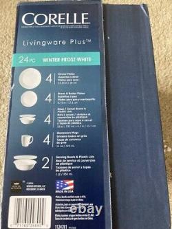 New Dinnerware Set Corelle Livingware 24 Pieces In Winter Frost White with 6x Lids