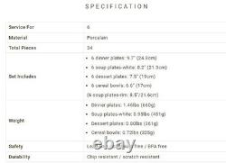 New Malacasa Elisa Collection 24 White with Blck TrimPiece Dinnerware Set for 6