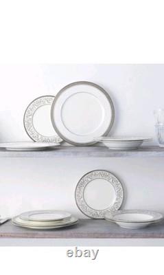 Noritake 12-Piece Bone China Dinner Set White/Gray Scroll, 4 Place Settings