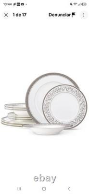 Noritake 12-Piece Bone China Dinner Set White/Gray Scroll, 4 Place Settings