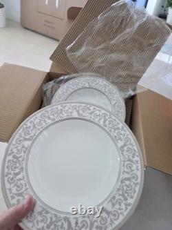 Noritake 12-Piece Bone China Dinner Set White/Gray Scroll, 4 Place Settings