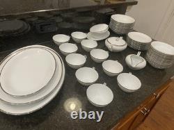 Noritake Silverdale 5594 White & platinum Trim? Dinner Set Plates, Bowls Cups Ect