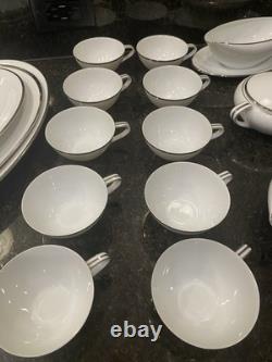 Noritake Silverdale 5594 White & platinum Trim? Dinner Set Plates, Bowls Cups Ect