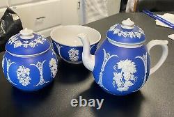 Old Wedgwood Jasperware dip blue 3p teapot sugar applied white grapes+ etc GIPSY