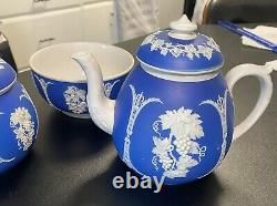 Old Wedgwood Jasperware dip blue 3p teapot sugar applied white grapes+ etc GIPSY