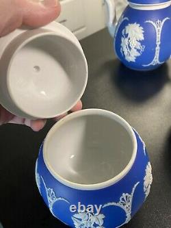 Old Wedgwood Jasperware dip blue 3p teapot sugar applied white grapes+ etc GIPSY