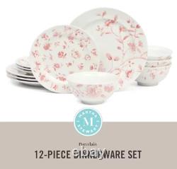 Pink Floral 12-Piece Porcelain Dinnerware Set Elegant Decorative Plates & Bowl