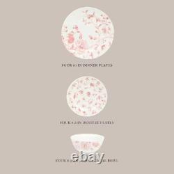 Pink Floral 12-Piece Porcelain Dinnerware Set Elegant Decorative Plates & Bowl