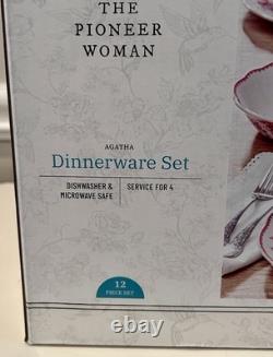 Pioneer Woman Agatha Red 12pc Dinnerware Set Service For 4 Plates Bowls NEW