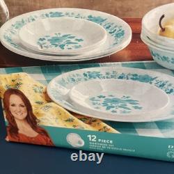 Pioneer Woman by Corelle 12 Piece Dinnerware Set Evie Teal Factory Sealed USA