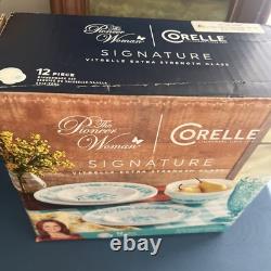 Pioneer Woman by Corelle 12 Piece Dinnerware Set Evie Teal Factory Sealed USA