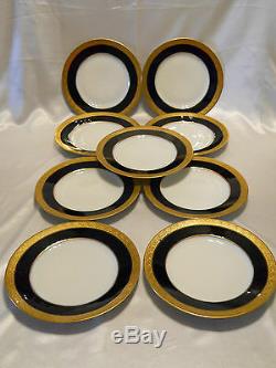 Pirkenhammer #2545 Set 9 Gold & Leaf Encrusted Dinner Plates Cobalt Band