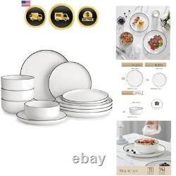 Plates and Bowls Sets, 12 Pieces Modern Porcelain Dinnerware Set for 4 White