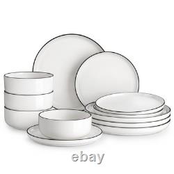 Plates and Bowls Sets, 12 Pieces Modern Porcelain Dinnerware Set for 4 White