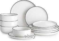 Plates and Bowls Sets, 12 Pieces Modern Porcelain Dinnerware Set for 4 White