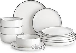 Plates and Bowls Sets, 12 Pieces Modern Porcelain Dinnerware Set for 4 White