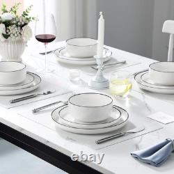 Plates and Bowls Sets, 12 Pieces Modern Porcelain Dinnerware Set for 4 White
