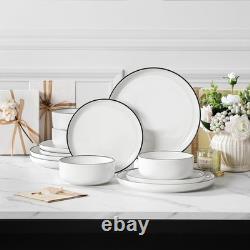 Plates and Bowls Sets, 12 Pieces Modern Porcelain Dinnerware Set for 4 White