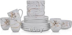 Porcelain 16 Piece Dinnerware Set, 4 Full White Gold Splash Sets