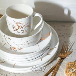 Porcelain 16 Piece Dinnerware Set, 4 Full White Gold Splash Sets