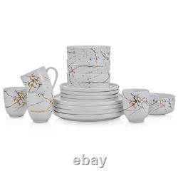 Porcelain 16 Piece Dinnerware set, 4 Full White Gold Splash Sets