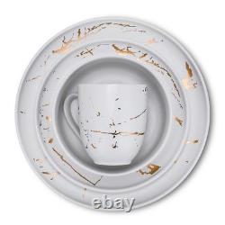 Porcelain 16 Piece Dinnerware set, 4 Full White Gold Splash Sets