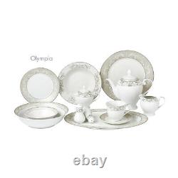 Porcelain 57 Pcs Dinnerware for 8 People, Olympia-Mix and Match, Silver Border