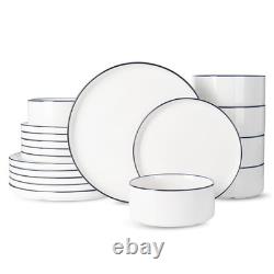 Porcelain Dinnerware Set, 18-Piece Modern 6-Set(18pcs) White with Blue Trim
