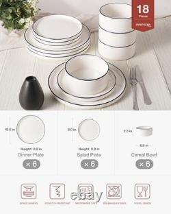 Porcelain Dinnerware Set, 18-Piece Modern 6-Set(18pcs) White with Blue Trim