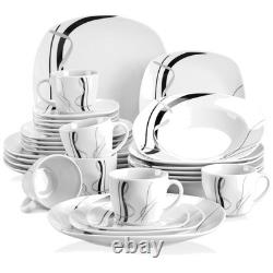 Porcelain Dinnerware Set for 6, White Dishes with Stripes
