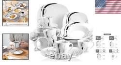 Porcelain Dinnerware Set for 6, White Dishes with Stripes