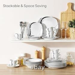 Porcelain Dinnerware Set for 6, White Dishes with Stripes
