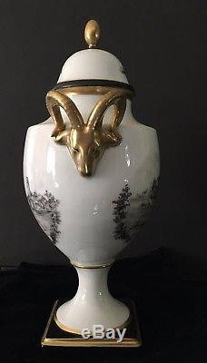 Porcelain Mantle Vase Black and White with Gold Rams Heads Painted Urn