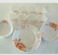 RARE! 31 Piece Dinnerware Set Gold Coast BLUSHING PEONY Opal Glass Vintage Plate