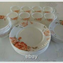 RARE! 31 Piece Dinnerware Set Gold Coast BLUSHING PEONY Opal Glass Vintage Plate