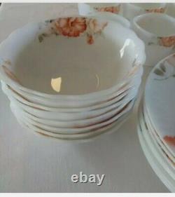 RARE! 31 Piece Dinnerware Set Gold Coast BLUSHING PEONY Opal Glass Vintage Plate