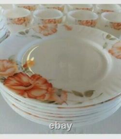 RARE! 31 Piece Dinnerware Set Gold Coast BLUSHING PEONY Opal Glass Vintage Plate