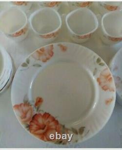 RARE! 31 Piece Dinnerware Set Gold Coast BLUSHING PEONY Opal Glass Vintage Plate