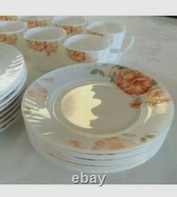 RARE! 32 Piece Dinnerware Set Gold Coast BLUSHING PEONY Opal Glass Vintage Plate