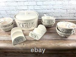 Rae Dunn White Tortilla Salsa Guacamole Bowls Taco Queso Cilantro Onion Set NEW