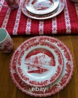 Red Christmas Dinnerware Plates Mugs Dishes Vintage Set For 4 White Xmas Tree 16