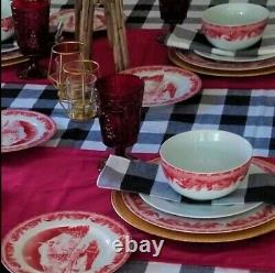 Red Christmas Dinnerware Plates Mugs Dishes Vintage Set For 4 White Xmas Tree 16