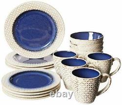 Round Dinnerware Sets Blue White Kitchen Plates Bowls And Mugs 16 Piece Ston