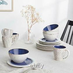 Round Dinnerware Sets Blue White Kitchen Plates Bowls And Mugs 16 Piece Ston