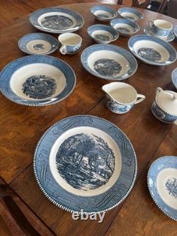 Royal China Currier & Ives Dinnerware Set Plates, Bowls, Cups (25) pieces Extras